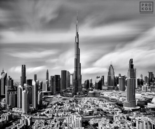 Black and White Photography - View of Burj Khalifa and Dubai - Black and White Cityscape by Andrew Prokos