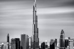 A black and white photograph of the Burj Khalifa and Downtown Dubai captured with multiple ten minute long exposures. The images are then seamlessly merged to create high-definition fine art prints up to 72 inches in height.
