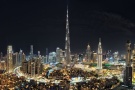 An ultra high-definition city view photo of the Burj Khalifa and Dubai at night, United Arab Emirates.