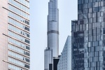 A vertical panoramic view of the Burj Khalifa tower in Dubai, United Arab Emirates