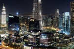 An ultra high-definition panoramic view of the Burj Khalifa tower in Dubai at night, United Arab Emirates