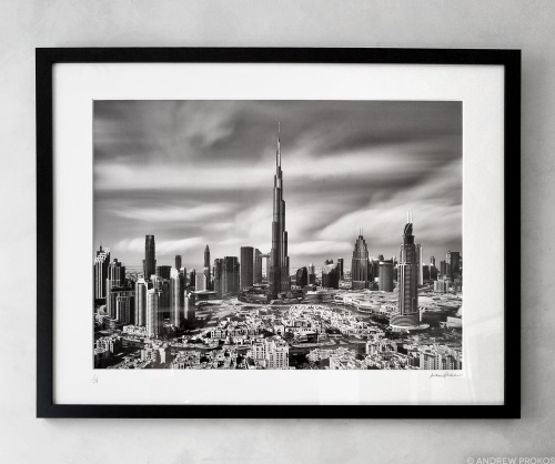 Black and White Photography - Burj Khalifa and Dubai Framed Black and White Print by Photographer Andrew Prokos