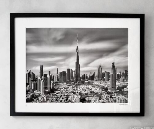 Black and White Photography - Burj Khalifa and Dubai Framed Black and White Print by Photographer Andrew Prokos