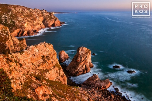 A landscape photo of the Atlantic Ocean at dusk from Cabo da Roca, the Western-most point in Portugal and Europe. Fine art prints of this photo are available framed in various styles. 