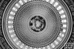 A black and white fine art architectural photo of the of the U.S. Capitol rotunda in Washington D.C.