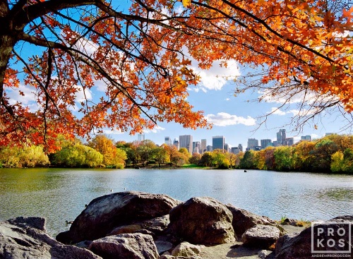 A landscape photo of the Lake in Central Park in Autumn, New York City