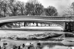 A black and white panoramic landscape of Central Park's Bow Bridge and a frozen Lake as seen in winter, New York City. This large-format limited edition prints of this photo are available up to 120 inches in width and framed in various wood, metal, and acrylic styles. 