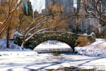 A color landscape photo of Central Park's Gapstow Bridge spaning a frozen Pond in Winter, New York City