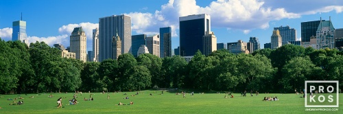 A panoramic photo of Midtown Manhattan from the lawn at Sheep's Meadow in Central Park, New York City