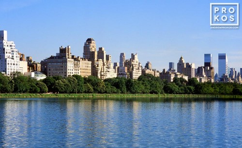 The skyline of Fifth Avenue and the Upper East Side of Manhattan as seen from the reservoir in Central Park, New York City