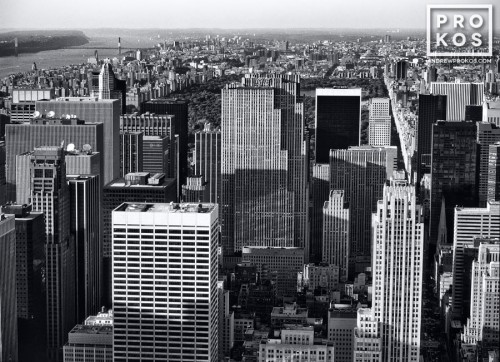 An aerial view of the skyscrapers of Midtown Manhattan, including Rockefeller Center, New York City