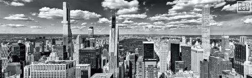 A black and white panoramic view of Central Park and the supertall skyscrapers of Midtown Manhattan as seen from Rockefeller Center, New York City, captured by photographer Andrew Prokos. Large-format prints of this photo are available up to 200 inches in width and framed in various styles. Panoramic Skyline of Central Park from Rockefeller Center - B&W Photo - A black and white panoramic view of Central Park and the supertall skyscrapers of Midtown Manhattan as seen from Rockefeller Center, New York City, captured by photographer Andrew Prokos. Large-format prints of this photo are available up to 200 inches in width and framed in various styles.
