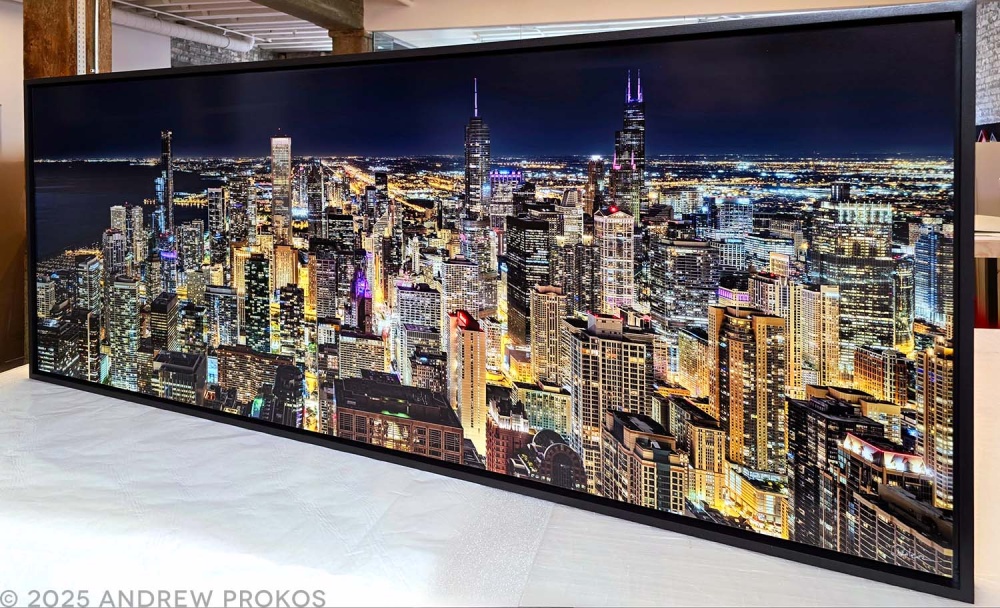 A 65 inch framed fine art photo of Panoramic Cityscape of Chicago at Night by photographer Andrew Prokos. The photo has been mounted with matte acrylic and set inside a solid wood floater frame.
