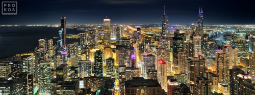 A high-definition panoramic cityscape of Chicago, Willis Tower and Lake Michigan at night, taken from the top of Hancock Center. Available as large-scale limited edition prints 150+ inches in width.