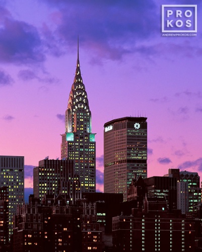 A view of the Chrysler Building and met Life Building set against a vivid sky at twilight, New York City
