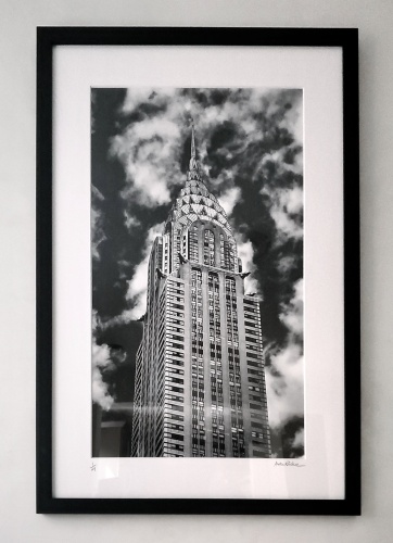A matted and framed black and white photo of 'Panoramic View Of The Chrysler Building' by photographer Andrew Prokos