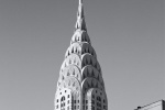 A view of the spire of the Chrysler Building in black and white, New York City