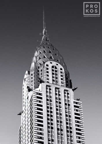A black and white fine art architectural photograph of the Chrysler Building spire, New York City