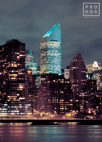 A long-exposure photo of Citicorp Tower and the Manhattan skyline at night, New York City