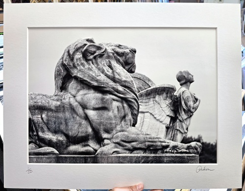 A black and white matted and framed architectural print of the Columbus Fountain in Washington DC by photographer Andrew Prokos