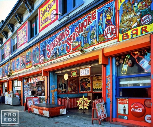 A photo of the colorful painted freakshow signs at Coney Island, Brooklyn, New York