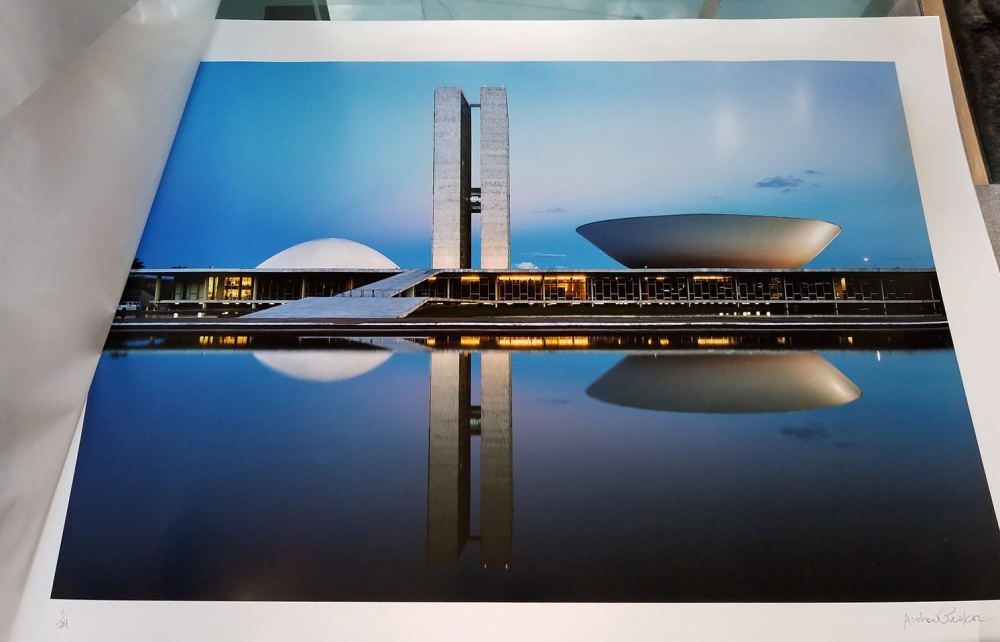 A color limited edition print of 'Congresso Nacional at Dusk' by photographer Andrew Prokos from his award-winning series Niemeyer's Brasilia