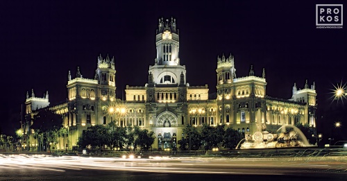 A view of the Palacio de Comunicaciones at night, Madrid, Spain. Framed fine art prints of this photo are available in various sizes.
