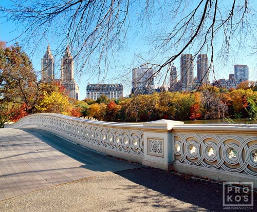 A high-definition landscape photo of Central Park's Bow Bridge in Autumn, New York City