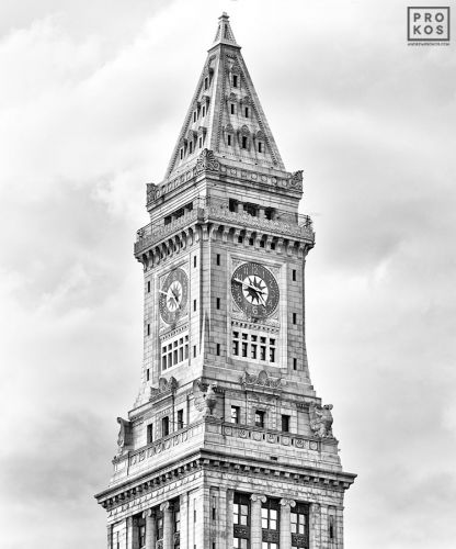A black and white photo of the Custom House Tower in Boston, Massachusetts by photographer Andrew Prokos