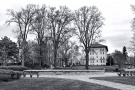 A black and white panoramic landscape photo of Chevy Chase Circle in Washington DC