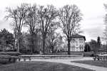 A black and white panoramic landscape photo of Chevy Chase Circle in Washington DC
