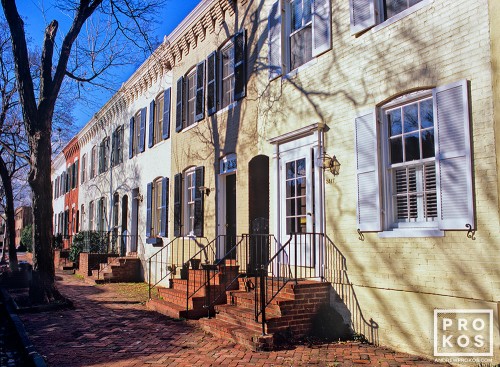 A view of the historic Colonial row houses along N Street in Georgetown, Washington DC