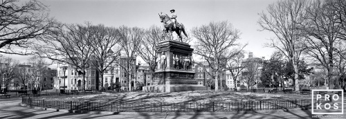 A large-format panoramic landscape photo of Logan Circle in Washington DC in black and white. Fine art prints of this photo are available framed in various styles. 