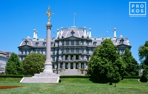 A color architectural photo of the grand beaux-arts style Old Executive Office Building in Washington DC. Fine art prints of this photo are available framed in various styles. 