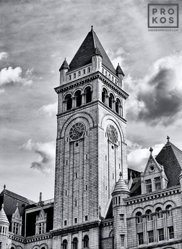 A black and white fine art architectural photo of the tower of the Old Post Office building in Washington DC