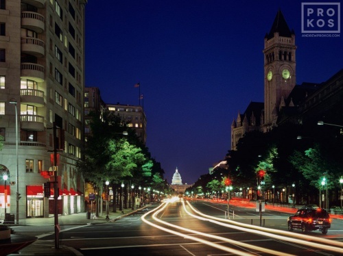 A long-exposure city photo of Pennsylvania Ave at night, Washington DC