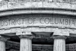 A black and white architectural detail with inscription "District of Columbia" from the World War I Memorial, Washington DC