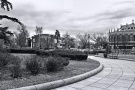 A large-format panoramic landscape photo of Grant Circle, Washington DC in black and white