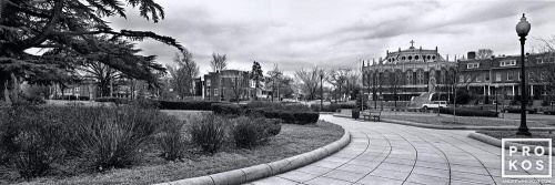 A large-format panoramic landscape photo of Grant Circle, Washington DC in black and white