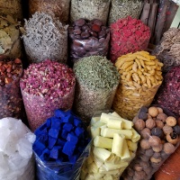 An assortment of spices, dried flowers and minerals the the spice market in Deira, Dubai