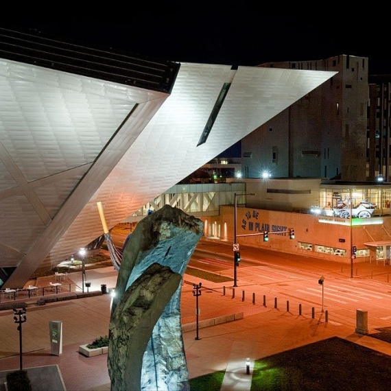 Exterior of the Denver Art Museum at night, Colorado.