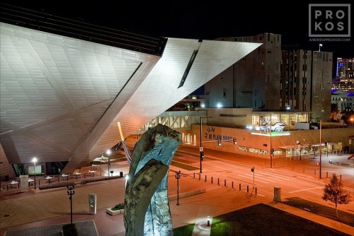 Exterior of the Denver Art Museum at night, Colorado.