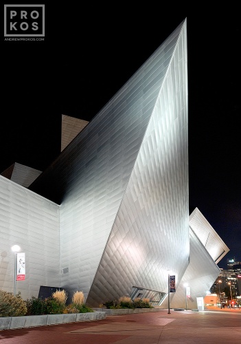 Exterior view of the Denver Art Museum at night, Denver, Colorado