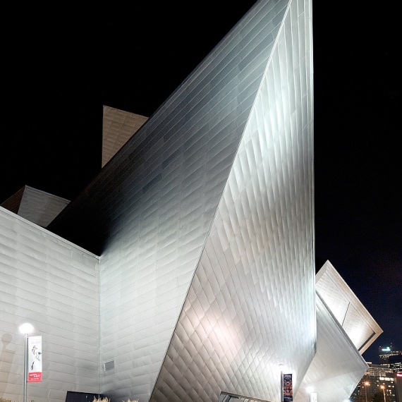 Exterior view of the Denver Art Museum at night, Denver, Colorado