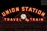 A photo of the neon sign at Denver's Union Station at night.