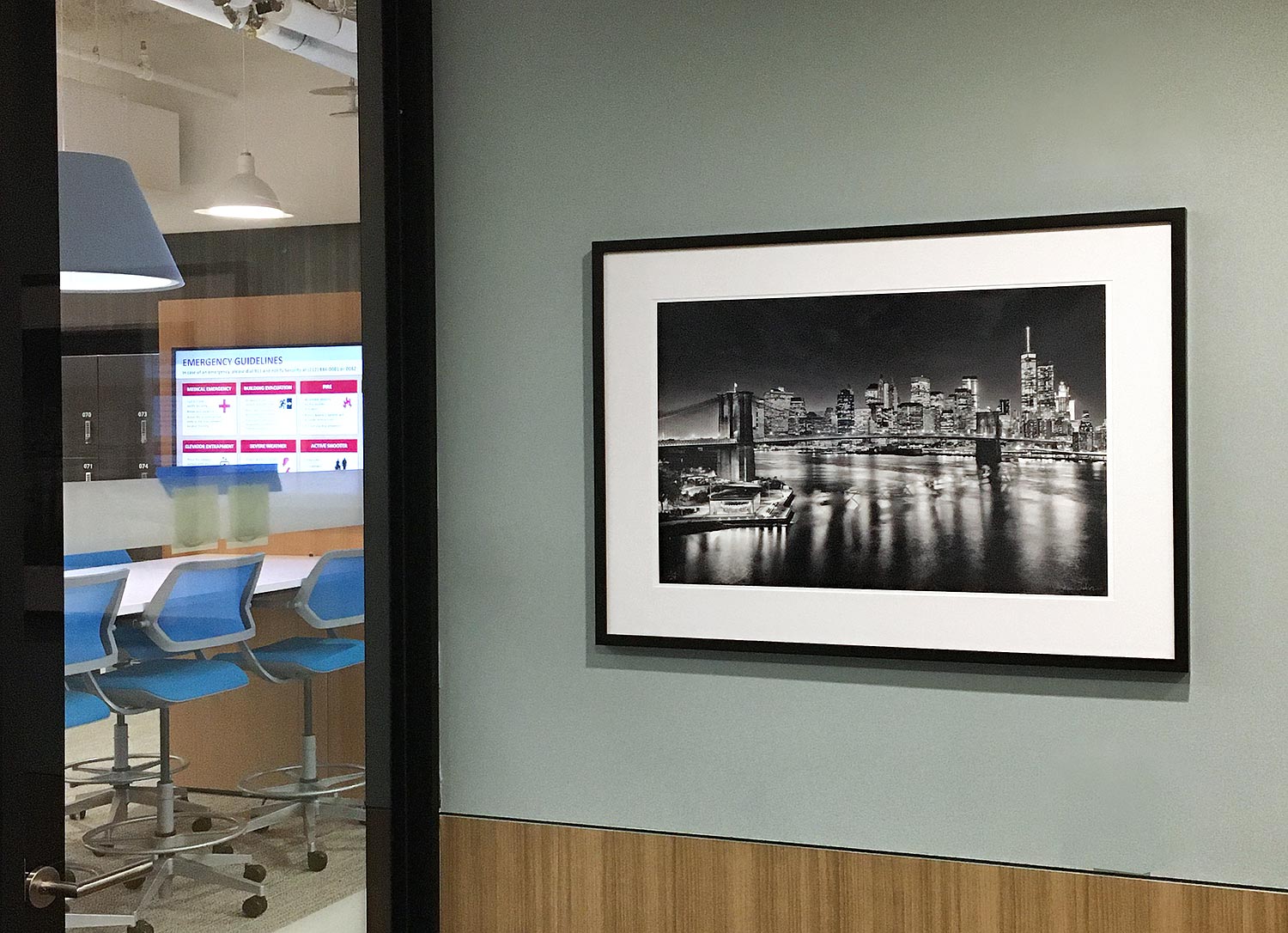 Limited edition framed black and white photograph of the Brooklyn Bridge by photographer Andrew Prokos installed at Diageo NY offices.