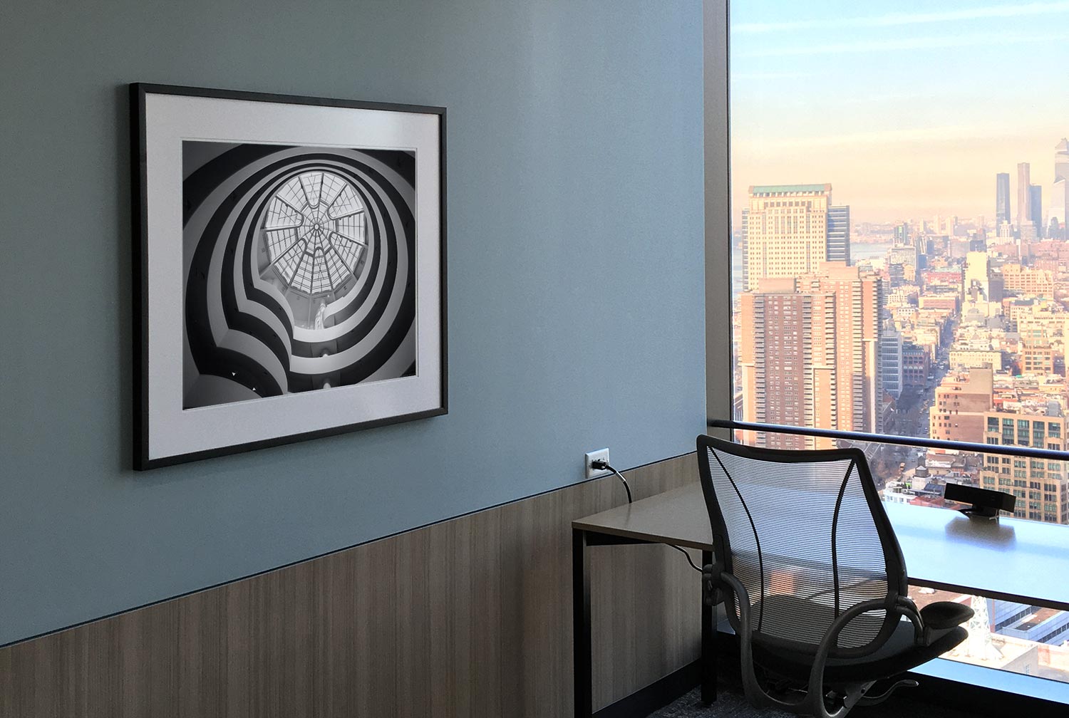 Limited edition framed black and white photograph of the Guggenheim Museum by photographer Andrew Prokos installed at Diageo NY offices.