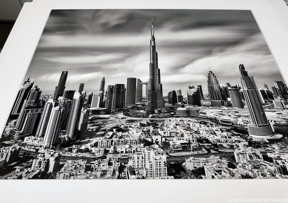 Long-Exposure View of Downtown Dubai and Burj Khalifa - Black and White Limited Edition Print by Andrew Prokos