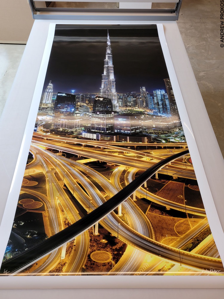 Dubai and Burj Khalifa at Night Vertical Panorama - 80 Inch Limited Edition Print by Photographer Andrew Prokos