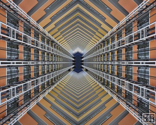 A surrealistic upward-looking view of a modernist building atrium from Andrew's Archistracts series of architectural abstract photographs. Large-scale limited edition prints of this photograph are available up to 96 inches in width and framed in various wood, metal, and acrylic styles.